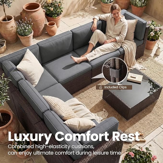 10 Pieces Patio Furniture Set with 44" Propane Gas Fire Pit Table, Outdoor Sectional Brown Rattan Wicker Conversation Sofa Sets with Coffee Table