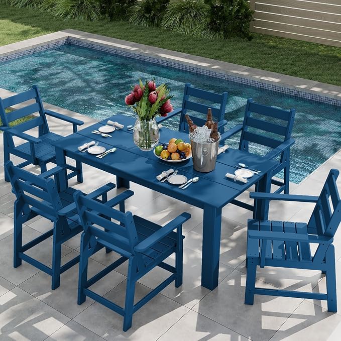 GREENVINES 7 Piece HDPE Outdoor Patio Dining Set, Removable Armrests, Blue