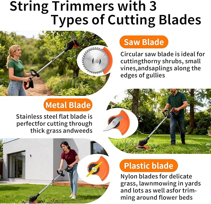 Weed Wacker，Electric Weed wackers with 2pcs 21V Batteries, Cordless Weed Wacker with 3 Different Types of Blades, String Trimmer, Weed Eater Battery Operated Suitable for Lawn, Garden and Villa
