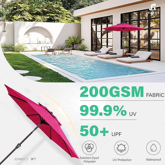 JEAREY 9' 2-Tiers Patio Umbrellas Outdoor Table Market Umbrella w/Push Button Tilt/Crank, 8 Sturdy Ribs, UV Protection Waterproof Sunproof(Rose Pink)
