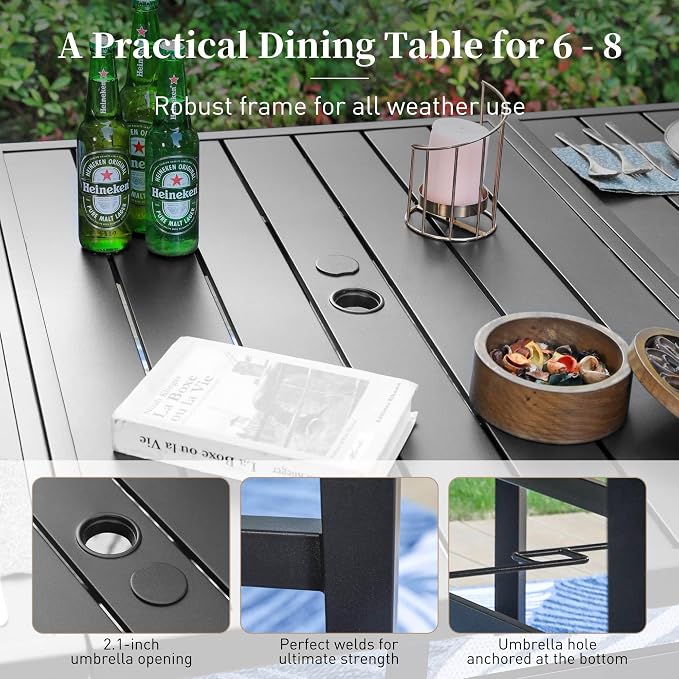 SUNSHINE VALLEY 83" Patio Table for 8,Large Rectangle Patio Dining Table with Umbrella Hole,E-Coating and Powder Coating Steel Frame Metal Outdoor Patio Table for Garden Backyard Lawn Yard