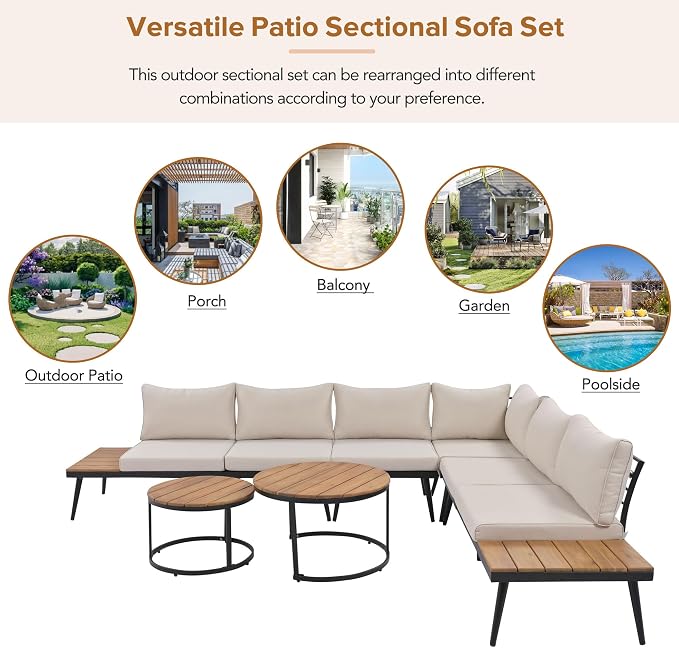 JIVOIT Outdoor Patio Sectional Sofa Set, Modern 6-Piece Conversation Set with Round Nesting Coffee Tables and Seating Sofa with Cushions for Patio, Porch and Garden (Beige * 33)