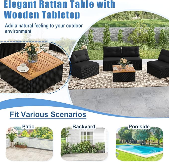 HAPPYGRILL 5 Pieces Patio Rattan Sofa Set, Outdoor Furniture Set with Seat & Back Cushions, Square Coffee Table with Acacia Wood Tabletop, Wicker Patio Conversation Set, Black
