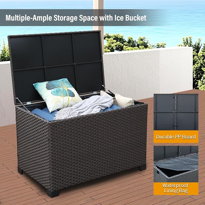 Rattan Star 140 Gallon Patio Storage Bin Wicker Outdoor Storage Box Waterproof Lining Bag Large Deck Box and Cushion Storage Bin Outdoor, Brown Wicker