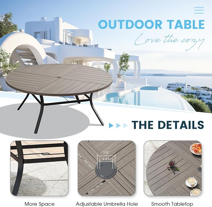 9 Pieces Patio Furniture Dining Set, 8 Textilene Swivel Dining Chairs, 60" Outdoor Round Metal Table with 1.57" Umbrella Hole, Outdoor Dining Set for Porch, Lawn, Garden, Grey/Sand