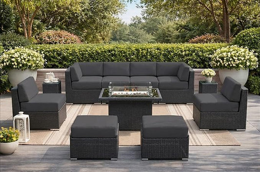 Fully Assembled 11 Piece Outdoor Aluminum Wicker Patio Furniture with 6-inch Gray Water Proof Rainshield Cushions, Oversized Seats and 42-inch Fire Table