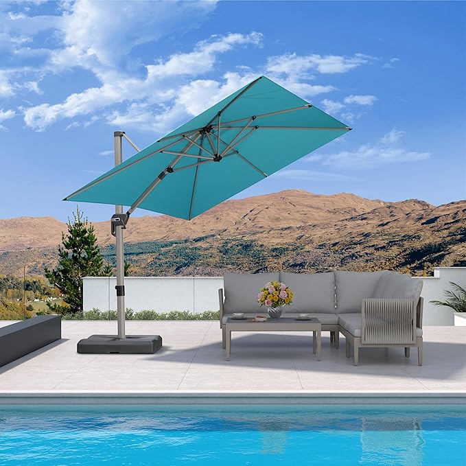 PURPLE LEAF 8’ X 8‘ Patio Umbrella Outdoor Cantilever Umbrella, Aluminum Offset Umbrella with Champagne Frame and 360° Rotation for Pool Deck Garden, Turquoise Blue