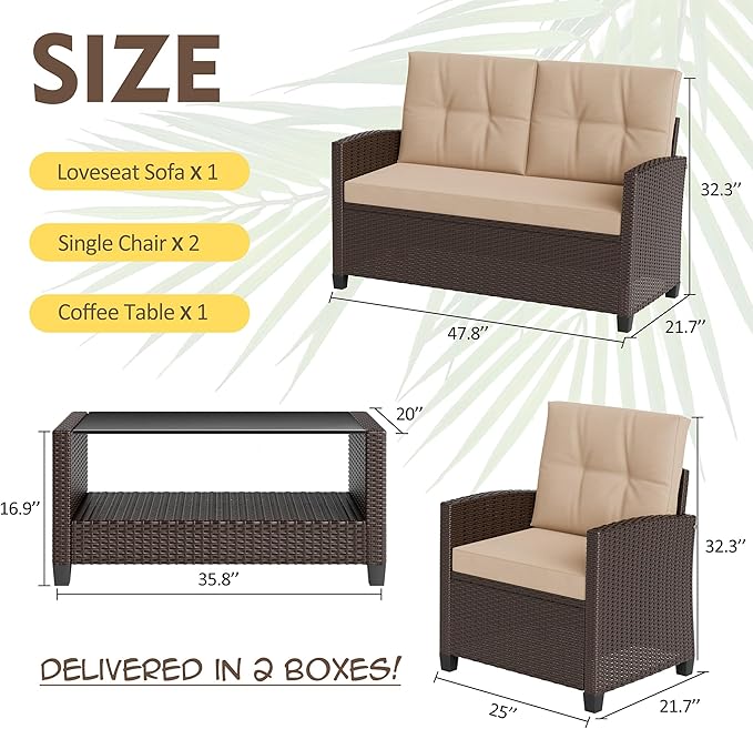 Shintenchi 4 Piece Patio Furniture Set, Outdoor Rattan Conversation Set with Coffee Table, Outside Wicker Sectional Sofa Couch with Cushion, Brown and Khaki