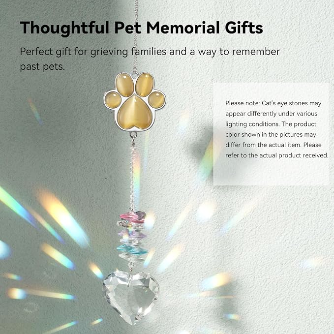 Dog Memorial Gifts, Pet Memorial Suncatcher, Loss of Dog Sympathy Gift | Thoughtful Dogs and Cats Bereavement Remembrance Gifts, Natural Cat's Eye Stone Paw Crystal Suncatcher