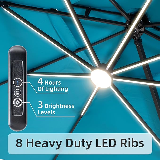 10x13 FT Patio Umbrella with LED Lights Cantilever Outdoor Large Heavy Duty Rectangle Aluminum Offset Umbrellas Double Top 360 Rotation 7 Tilt Adjustment for Pool Deck Garden, Turquoise