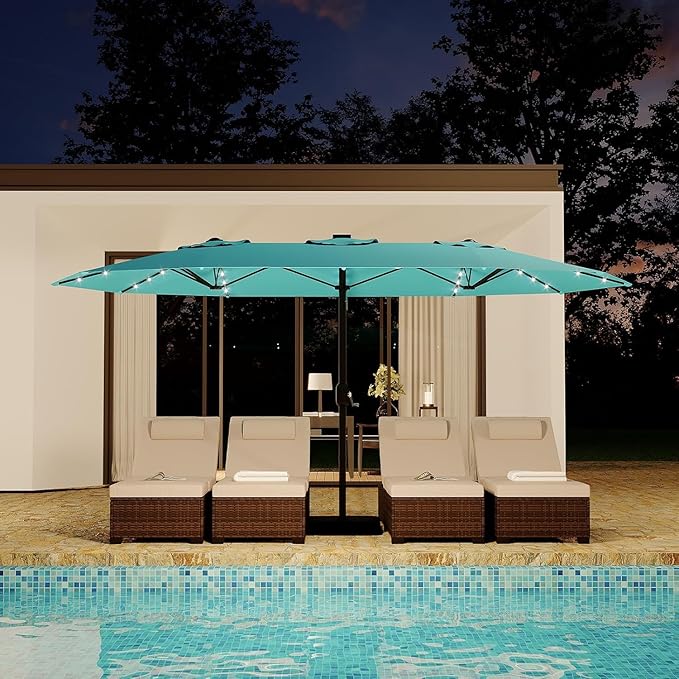 Garvee 15 ft Rectangular Patio Umbrella with Solar Lights & Base Included - Large Patio Umbrella with Crank Handle 36 LED Lights, UV Protection for Outdoor Market, Backyard, Deck, Pool, Misty Blue