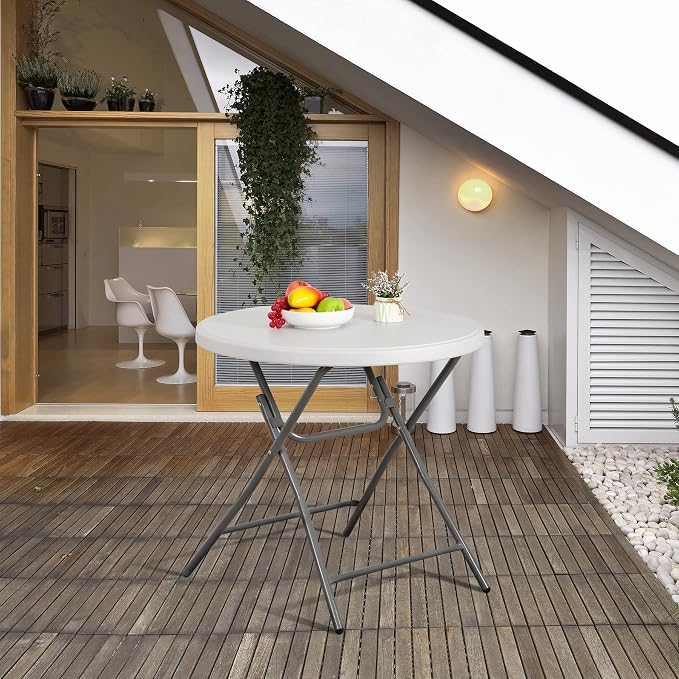 32 Inch Round Folding Table, Heavy Duty Folding 2.6FT Plastic Table for Outdoor Indoor, Metal Frame Thick Table Top Camping Picnic Table, White