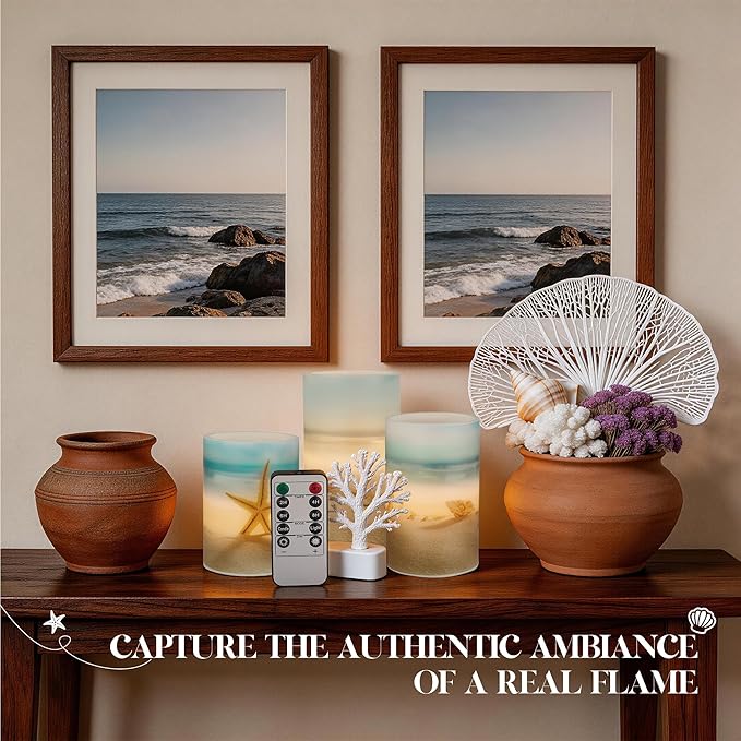 Beach Flameless LED Candles with Remote and Timer, Seashell & Starfish Pillar Unscented Real Wax, Ocean Decor for Home Bedroom Wedding Coastal Room, 3" x 4",5",6", Set of 3(Beach)