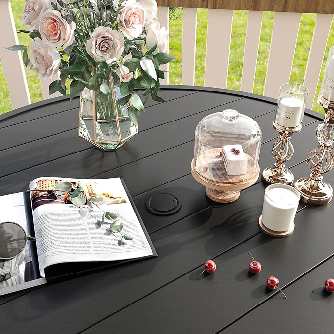 VICLLAX 7 Pieces Patio Dining Set for 6-Outdoor Furniture Includes 53" Round Outdoor Table and Swivel Padded Chairs, Black Tabletop and Mixed Brown Fabric