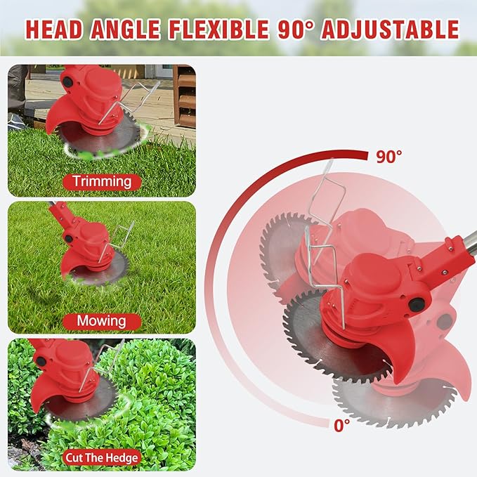 ALSO GO Weed Wacker, Cordless String Trimmer 24V with 2 Batteries 2.0Ah, 3 Types Metal Blades Powered Grass Trimmer, Pruning Shears, Adjustable Pole Weed Trimmer for Garden and Yard Lawn-Red
