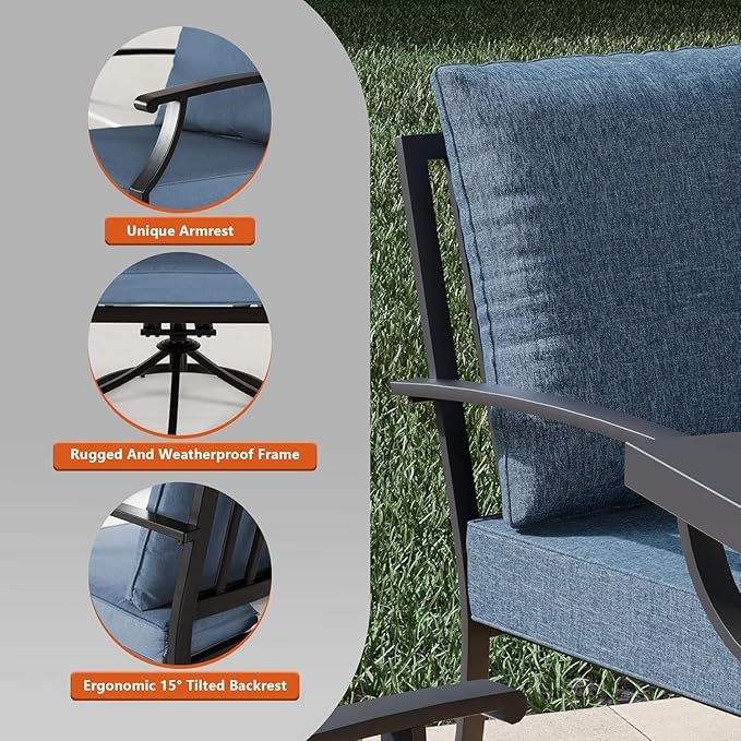 7 Piece Outdoor Dining Set for 6 with 48" Round Propane Fire Pit, Metal Outdoor Table and Chairs with 6 Swivel Chairs and 55000 BTU Outdoor Fire Pit, Patio Furniture Set for Patio, Deck, Navy
