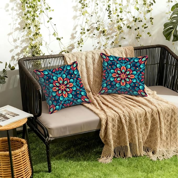 18x18 Inch Outdoor Pillow Covers Set of 2 Waterproof Throw Pillow Covers Decorative Couch Cushion Covers Boho Mandala Floral Square Pillowcases Protectors for Patio Garden Sofa