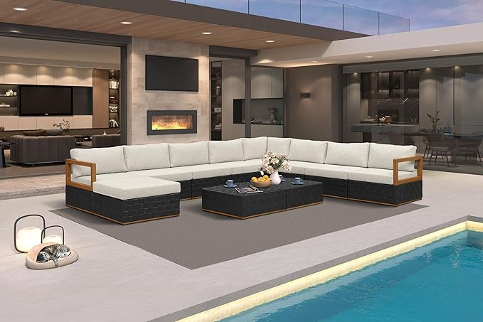 PURPLE LEAF Patio Outdoor Furniture Set 11 Pieces, Premium Leather Outdoor Couch Sectional Sofa, L-Shaped Patio Couch with Olefin Cushions, Patio Conversation Sets for Porch, Balcony, Garden, Black