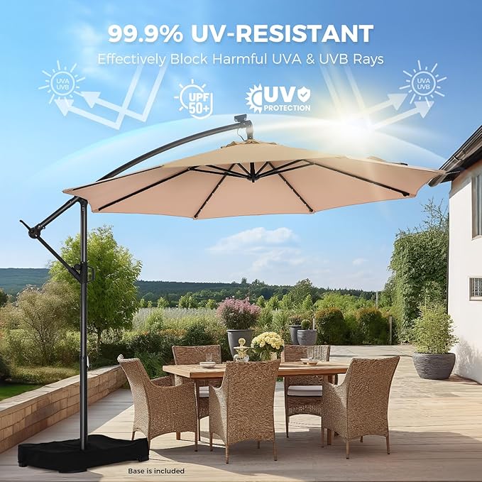 HOMSHADE 10ft Solar Lights Offset Cantilever Patio Umbrella - with Light and Base, LED Lighted Offset Hanging Patio Outdoor Market Umbrella UPF50+ UV Protection with Easy Tilt and Crank (Beige)