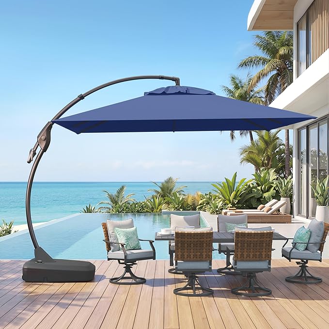 Grand patio 10x10 FT Patio Cantilever Umbrella with Base Outdoor Large Square Tilting Offset Umbrellas for Poolside Deck (Navy Blue, 10x10 FT)