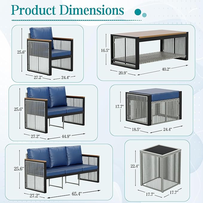 HOMREST Metal Outdoor Patio Furniture Set, 5-Piece Outdoor Sectional Patio Conversation Set with 3-Seat Sofa,Coffee Table,Upgard Cusion for Deck, Lawn,Poolside(Blue)