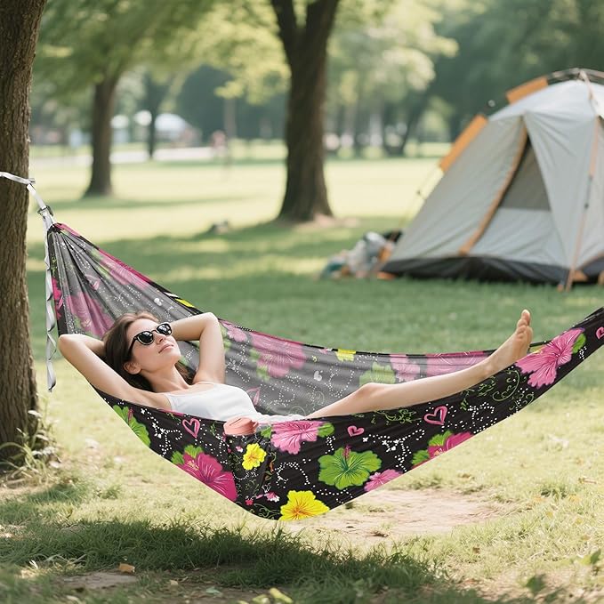 Camping Hammock Outdoor Hammocks for Outside Colorful Hibiscus Flower Beach Trees Portable Lightweight with Pockets Tree Straps Indoor