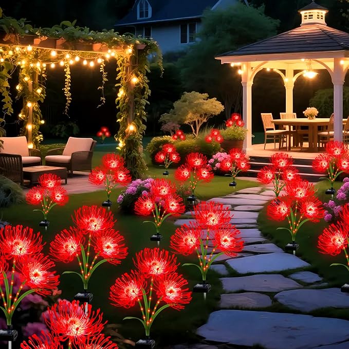 Solar Garden Flower Lights Outdoor, 8 Pack Red Spider Lily with Glowing Stems, Waterproof LED Yard Lawn Pathway Decor, Elegant Patio Garden Decoration, for Mom, Grandma, Women