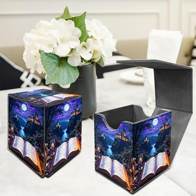 Castle Book Purple Card Deck Box for MTG, Personalized Card Storage Case Fits 120+ Sleeved Cards, Premium Leather TCG Box with Strong Magnetic Closure for Magic, CCG, PTCG, Baseball Cards