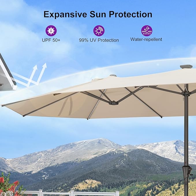 PURPLE LEAF 13ft Double-Sided Patio Umbrella with Solar Lights Outdoor Market Umbrella with Base and Crank Handle Table Umbrella for Backyard Pool Garden Deck, Khaki