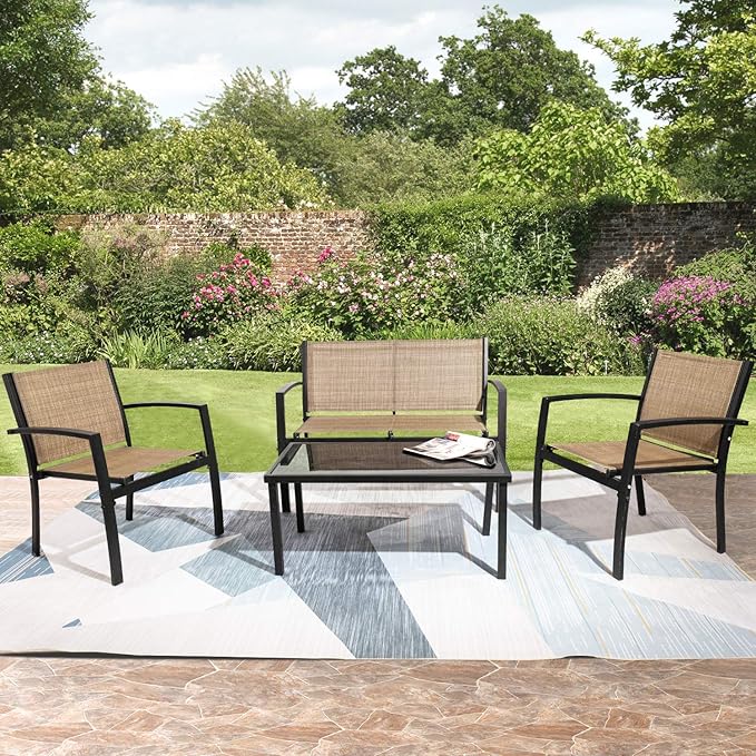 Tuoze 4 Pieces Outdoor Patio Furniture Conversation Glass Coffee Table Bistro Set with Loveseat Garden Yard Lawn and Balcony (Yellow),901DBG