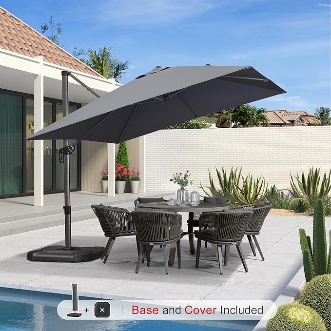 PURPLE LEAF 10'×10' Patio Umbrella with Base and Cover Outdoor Umbrella Large Cantilever Windproof Offset Umbrella Heavy Duty Sun for Garden Deck Pool Patio Light Grey