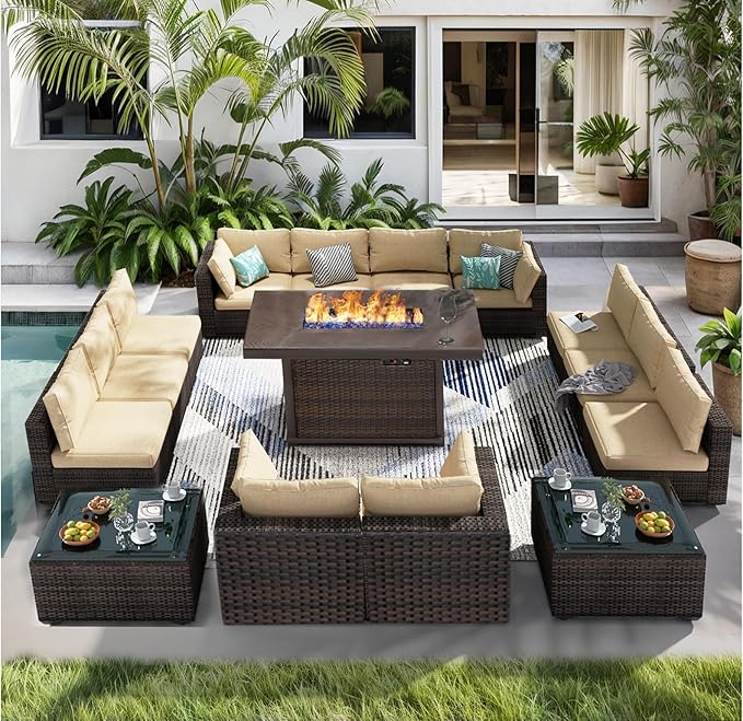 Patio Furniture Set 15 Pieces with 44" Fire Pit Table, Rattan Outdoor Sectional Conversation Sets, All Weather Outdoor Furniture Set with Cushions for Garden Lawn Balcony Porch Deck Beige