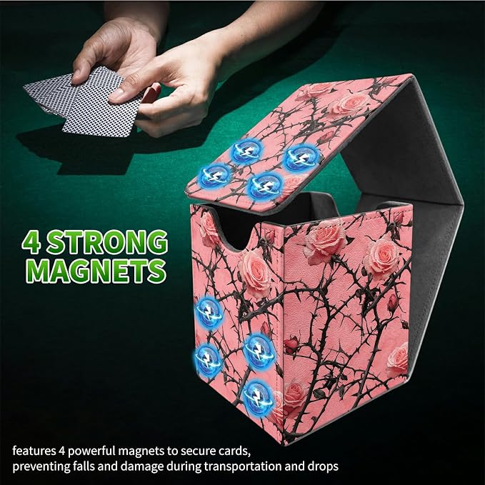 Pink Flower Tree Card Deck Box for MTG, Personalized Card Storage Case Fits 120+ Sleeved Cards, Premium Leather TCG Box with Strong Magnetic Closure for Magic, CCG, PTCG, Baseball Cards