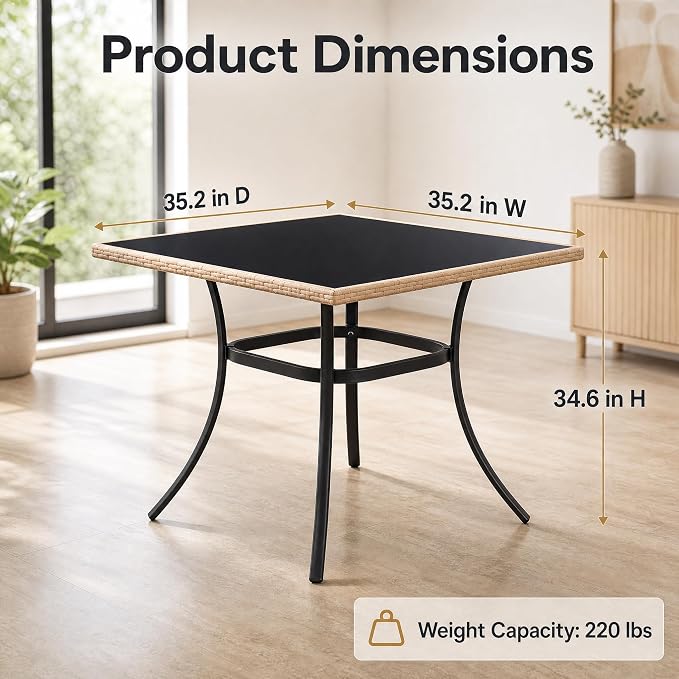 AECOJOY Outdoor Patio Dinning Table for 4, 35.2" Square Rattan Patio Outdoors Tables with Glass Tabletop Rectangular Metal Frame All Weather-Resistant Dining Desk for Lawn Backyard Garden Porch