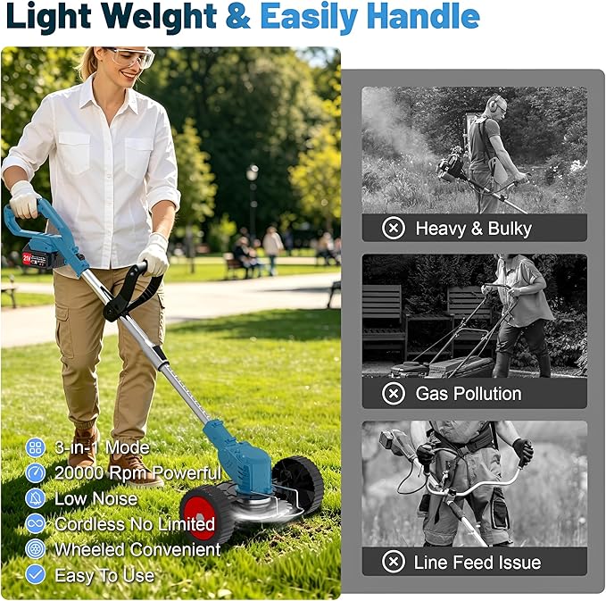 Cordless Weed Wacker Electric Eater 21V Stringless String Trimmers Battery Powered 3-in-1 Grass Trimmer/Lawn Edger/Brush Cutter with 4 Types Blades & Wheels for Garden Yard
