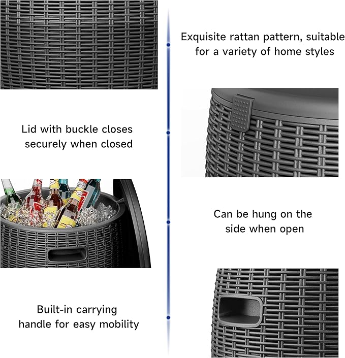 Outdoor Cooler Side Table, 9.5 Gallon Weather-Resistant Portable Ptio Cooler Table, Resin Rattan Round Cool Bar with Lid for Patio, Decor, Pool, Party (Black)