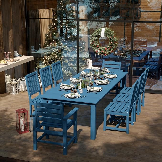 7-Piece Outdoor Dining Set with 11FT Umbrella for 6,Navy Blue | 75.2'' HDPE table, chairs included, weather-resistant furniture with hole, ideal for lawn, poolside, yard, garden, deck