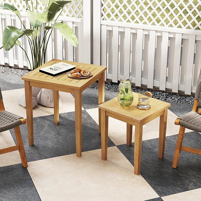Tangkula 2 Pieces Patio Nesting Table, Teak Wood Outdoor Space Saving Design Square End Table for Poolside, Lawn, Garden, Balcony (Natural)