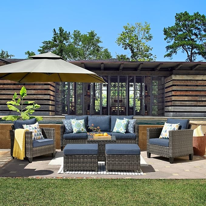 ovios 6 Pieces Patio Furniture Set, Outdoor Wicker Rattan Sofa Couch with Glass Table, Chairs, Comfy Cushions, Conversation Sets for Porch Deck Garden, Denim Blue