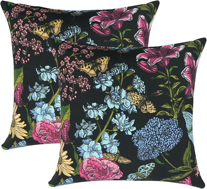 FUNHOME Outdoor Throw Pillows 18x18 inch,Decorative Throw Pillow with Insert Set of 2,Water Resistant Pillow for Patio Furniture Sofa Couch Chair(Flower Butterfly Black)