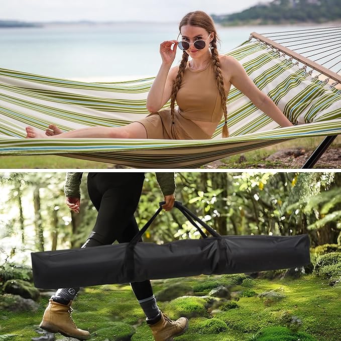 SUNCREAT Double Outdoor Hammock with Stand and Heavy Duty Hammock Storage Bag, Extra Large Quilted Fabric Hammock Set
