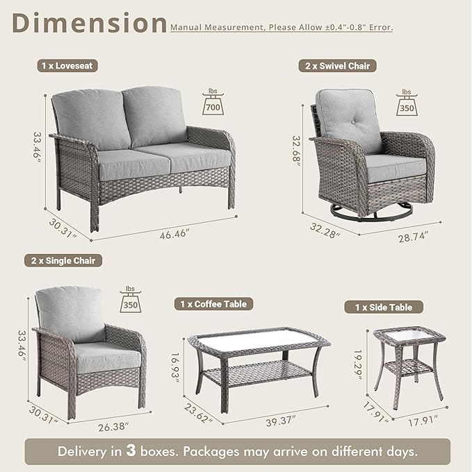 Weaxty 7 Pieces Patio Furniture Set,Wicker Outdoor Swivel Rocking Chairs,Rattan Loveseat Couch,Coffee Table,Patio Sofa Conversation Sets for Deck Backyard Porch Poolside, Dark Gray