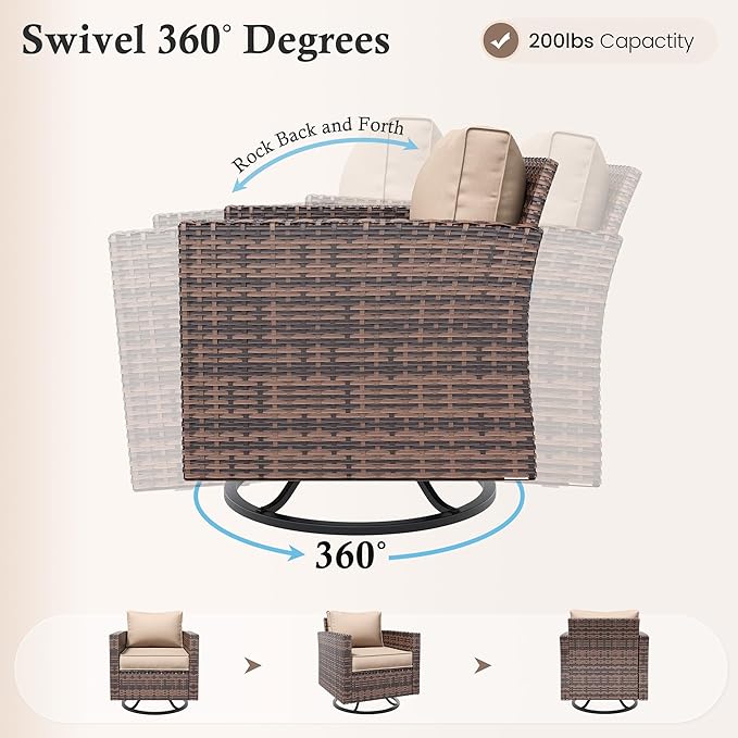 Amopatio Patio Furniture Set, 6-Piece Wicker Outdoor Sectional Sofa with Swivel Rocker Chairs, Rattan Conversation Set with Storage Coffee Table and Waterproof Cover for Backyard Brown/Khak