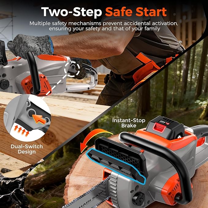 Battery Powered Chainsaw,12" & 16" Dual Guide Plate.21V Electric Cordless Chainsaw with 2 Batteries and Charger.Brushless Chain Saw Kit with Safety Goggles and Gloves for Tree Pruning and Wood Cutting