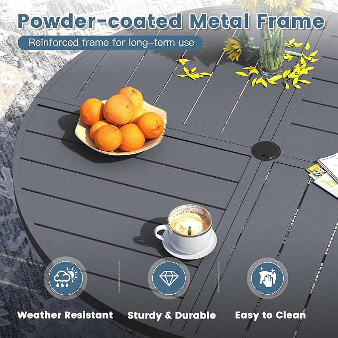 DIFY Patio Table and Chairs Set for 8, 9 Piece Outdoor Dining Set Includes 59.8" Round Metal Dining Table with Umbrella Hole and 8 Textilene Swivel Patio Chairs, for Garden Backyard Deck, Grey