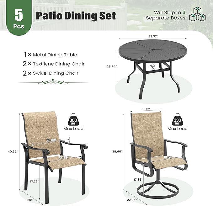 UDPATIO 5 Piece Patio Outdoor Table and Chairs, Patio Dining Set for 4,39" Black Round Table with Umbrella Hole, Brown Patio Chairs, Patio Table with Chairs Outdoor Dining Set for Backyard, Deck