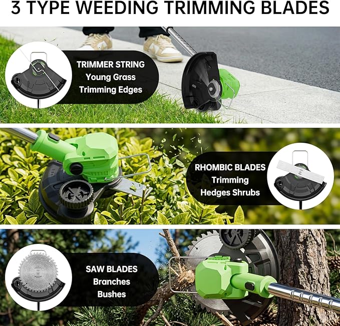 Cordless Weed Wacker, 21V Lightweight Electric Trimmer Battery Powered (Includes 2 x 21V Batteries & Charger) Grass Trimmer/Brush Cutter/Lawn Edger Featuring for Yard Garden Lawn Care