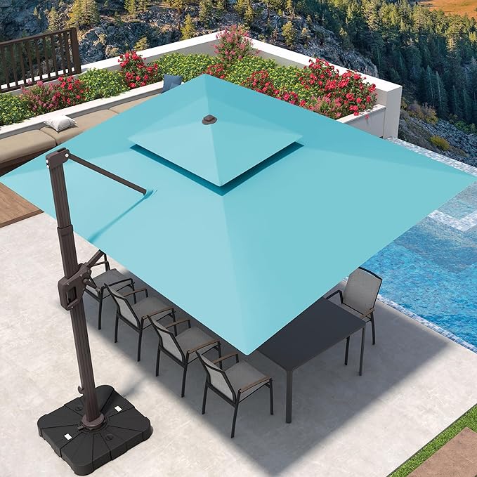 Deconk 9' X 12' Patio Umbrella with LED Lights Outdoor Cantilever Large Rectangle Offset Umbrellas Heavy Duty Aluminum Double Top with 360-degree Rotation for Pool Garden Deck, Turquoise