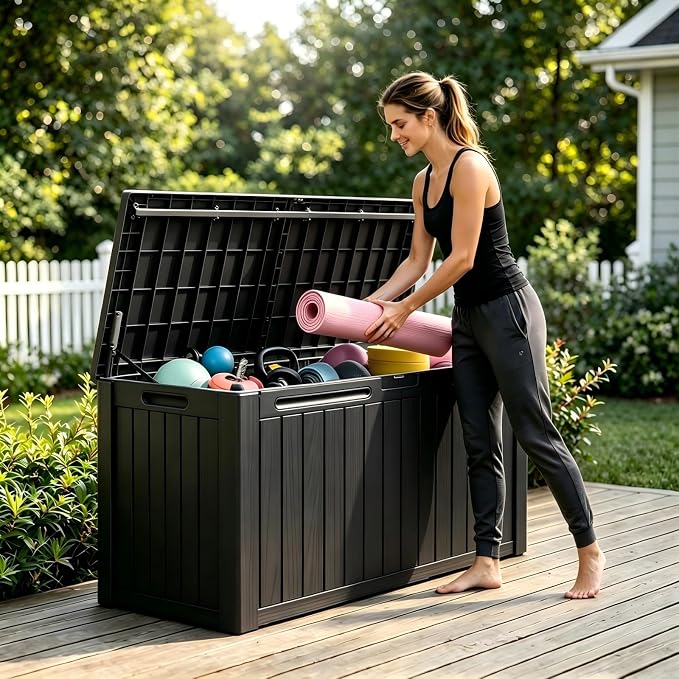 180 Gallon Outdoor Storage Box Waterproof, Large Resin Deck Box with Lockable Lid & Soft-Close Hydraulic Struts, Outside Storage Box for Patio Furniture, Garden Tools, Pool Accessories, Black