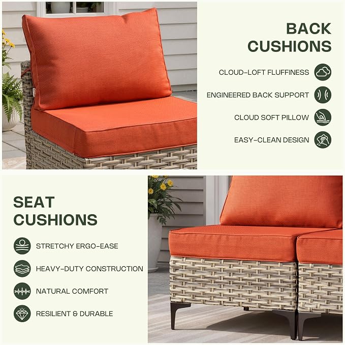 10 Pieces Patio Furniture Set, Outdoor Conversation Set with 360° Swivel Rocker Chairs, Wicker Modular Sectional Sofa & Solar Coffee Table, High Back Outdoor Furniture L Shaped Couch for Porch, Red